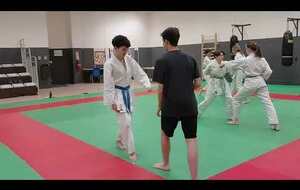 enchainement mae geri-tsuki en déplacement position zenkutsu dachi